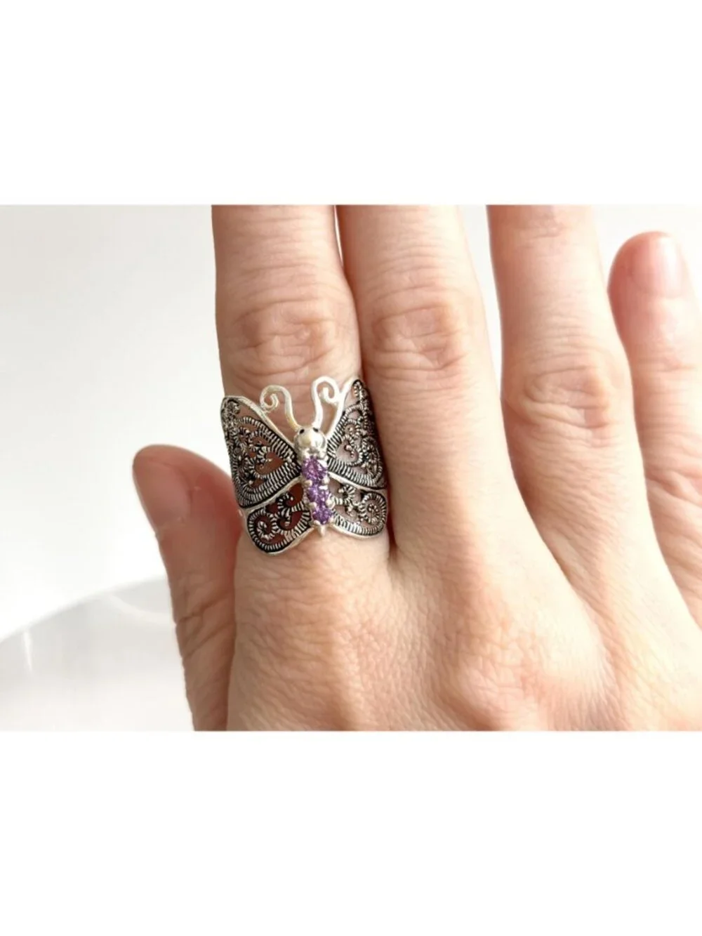 Butterfly Figural Amethyst Gemstone Sterling Silver 925 Vintage Ring - sz 8.5